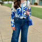 Isabel Ivory Blue Palm Blouse