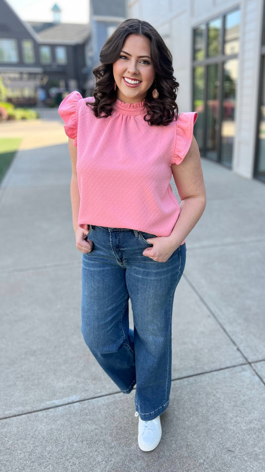 Quilted Flutter Sleeve Top - Pink