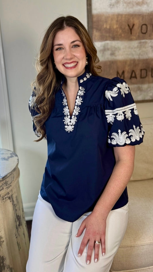 Leah Puff Sleeve Top - Navy