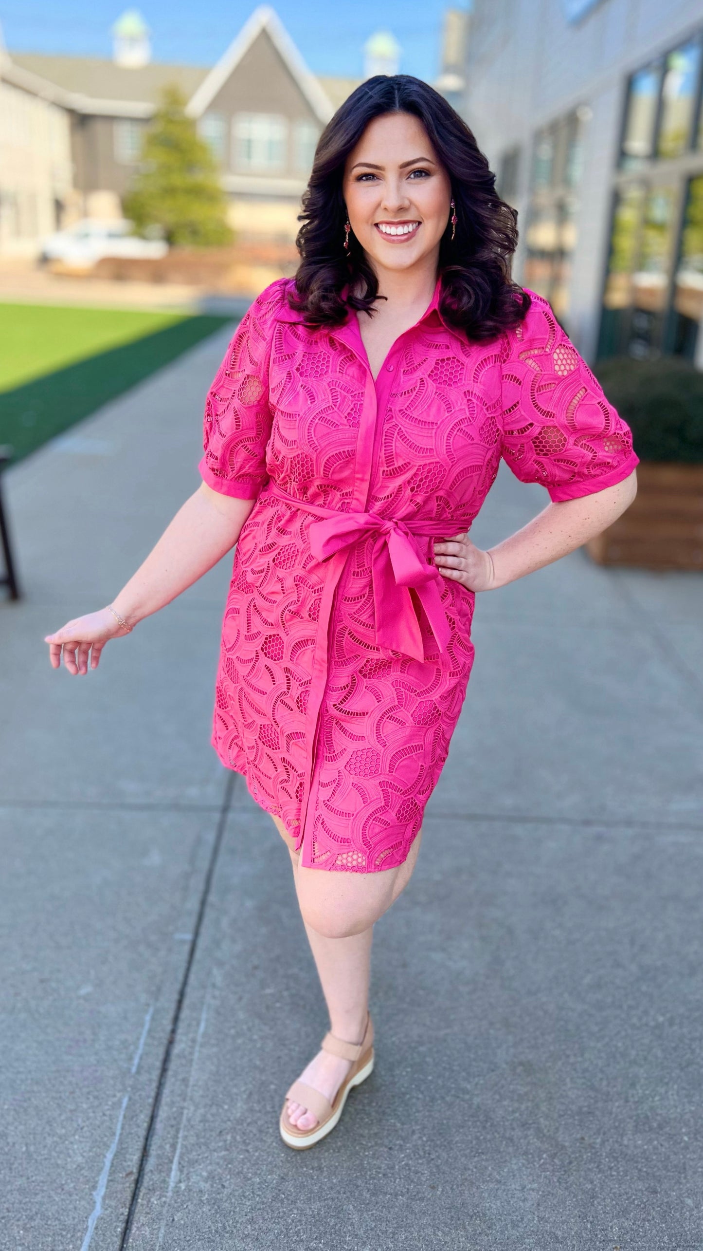 Jade Pink Placket Lace Shirt Dress
