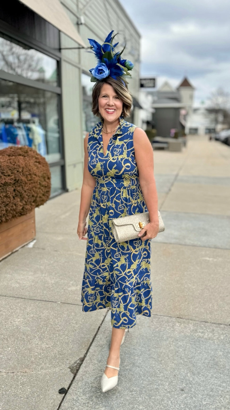 Tabi Ruffle Neck Midi Dress - Navy/Khaki