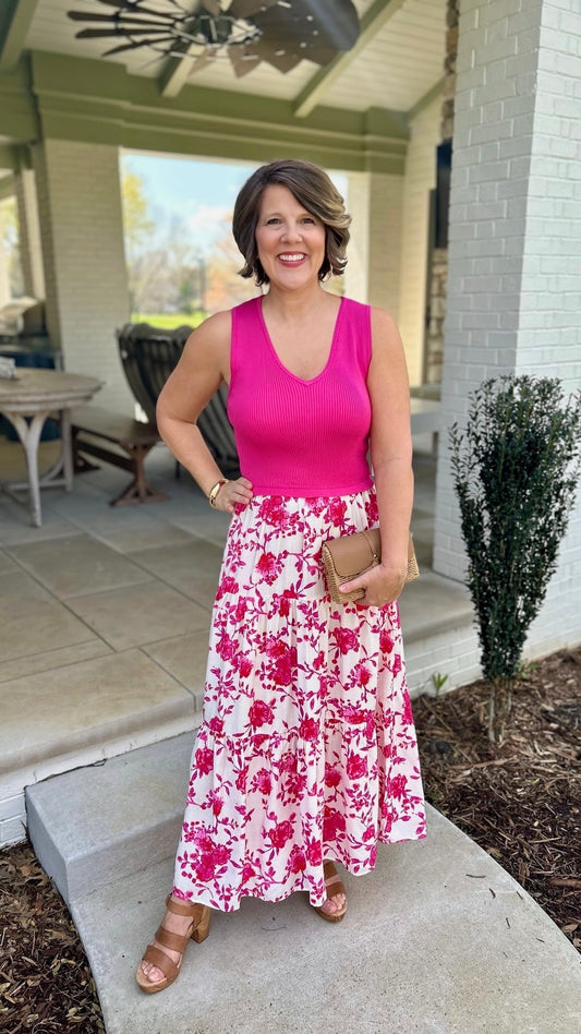 Floral Ikat Mixed Media Maxi Dress - Fuchsia
