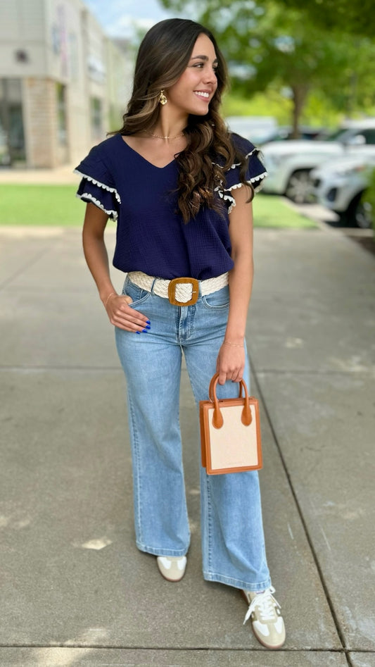 Evelyn Embroidered Ruffle Top - Navy