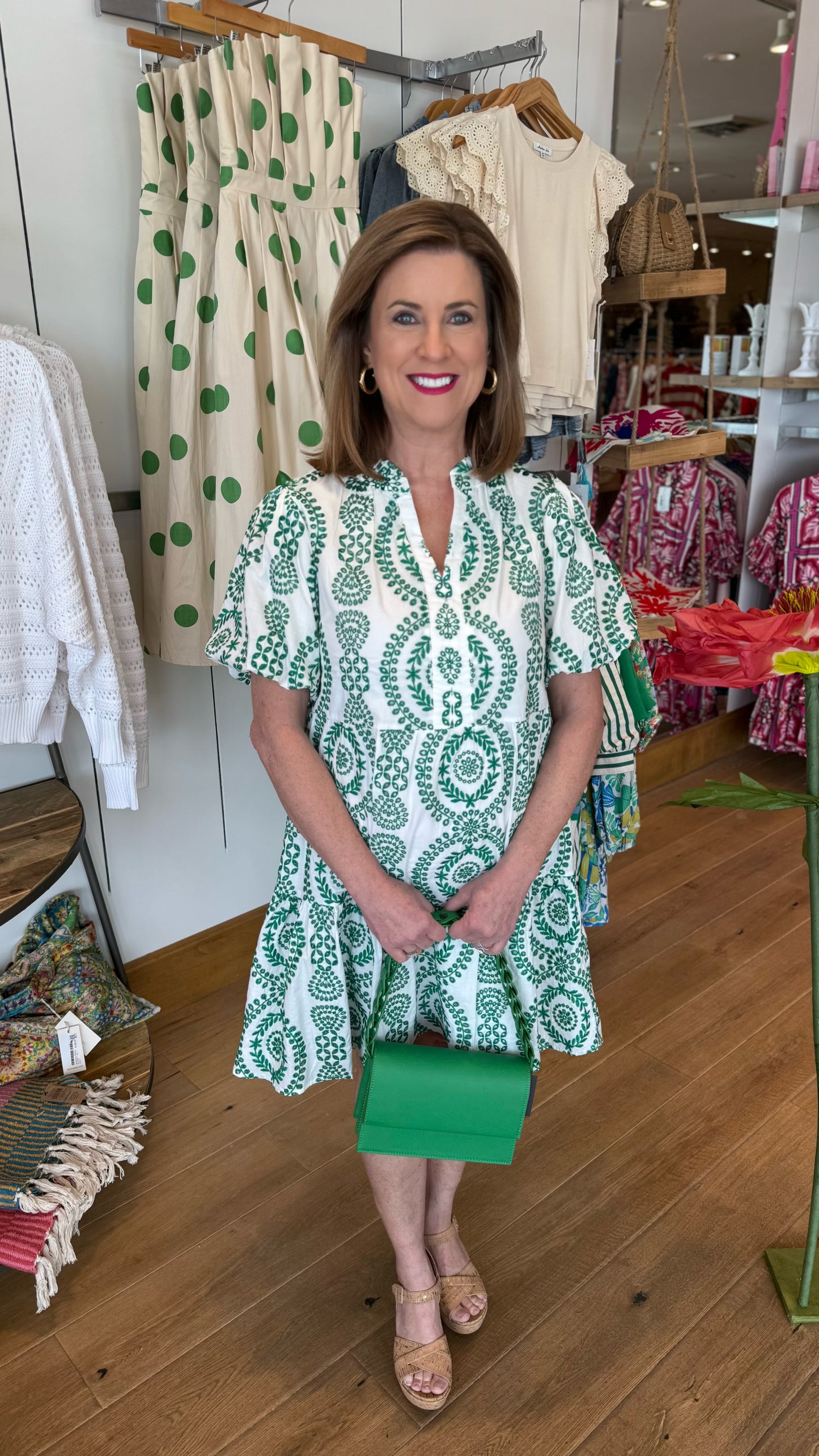 Eva Eyelet Embroidered V Neck Dress - White & Green