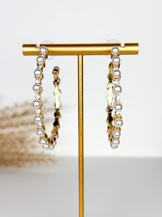 Gold & Pearl Crystal Studded Hoop Earrings