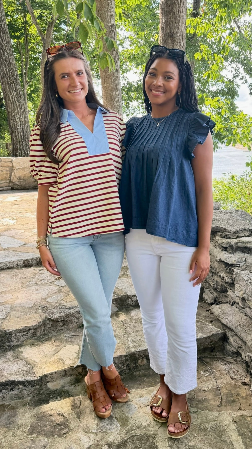 Kierra Striped Top - Maroon & Ivory With Light Blue Trim Accent