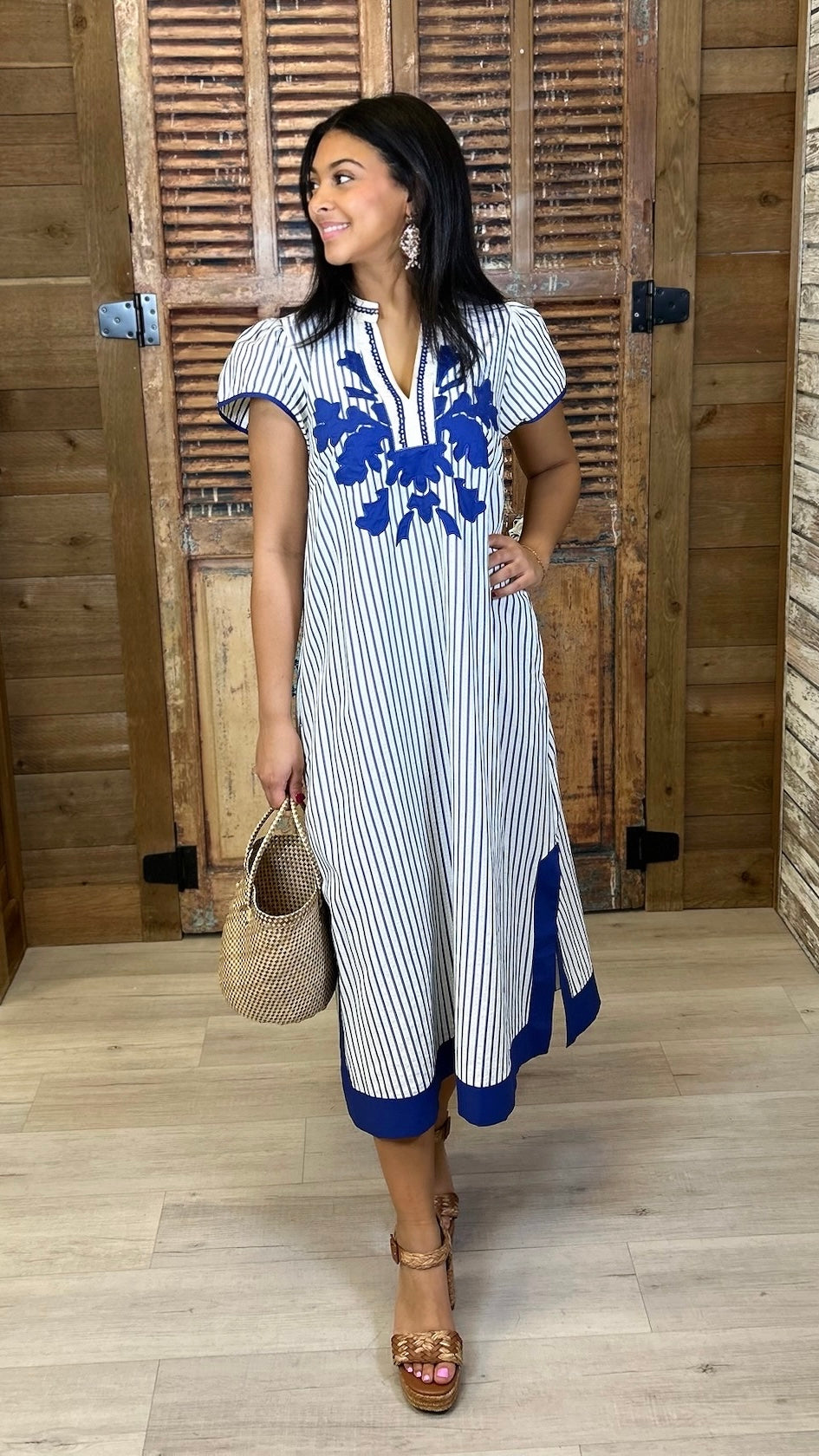 Naomi Striped Midi Dress - White & Blue
