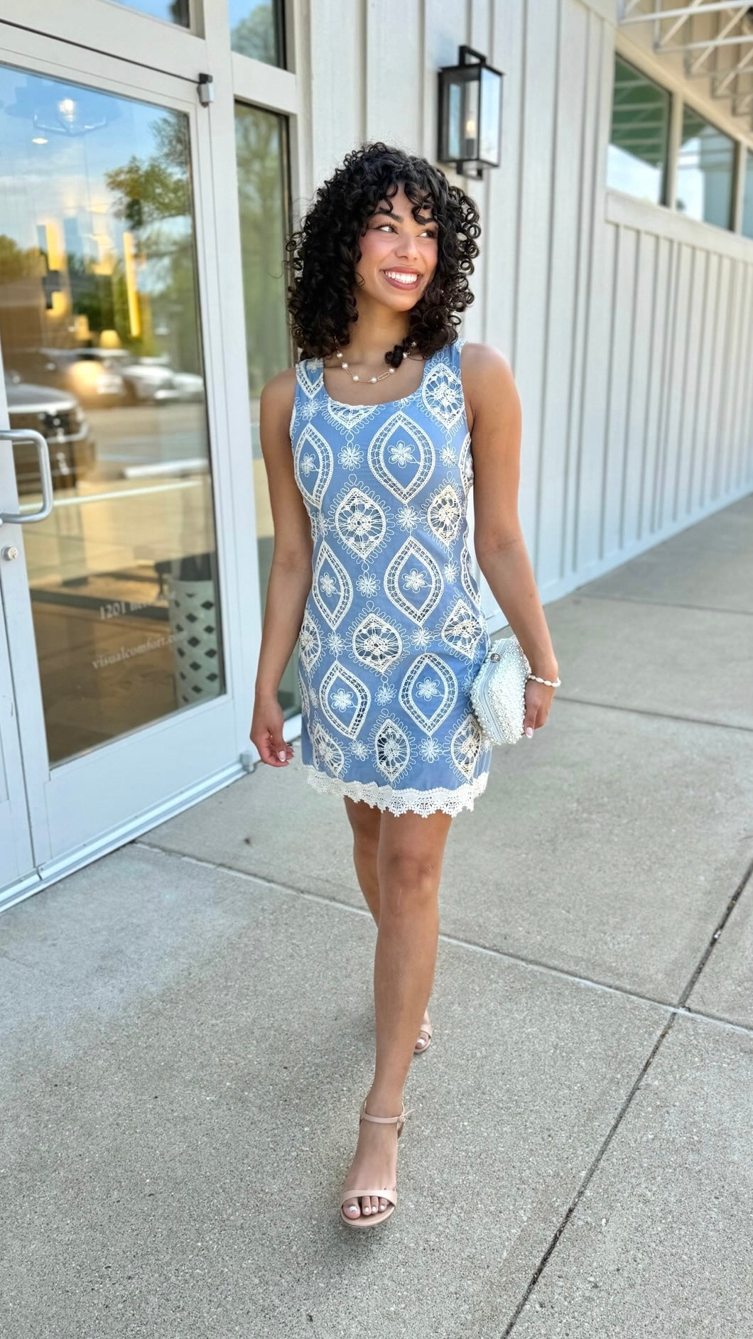 Cassie Floral Crochet Overlay Dress - Blue