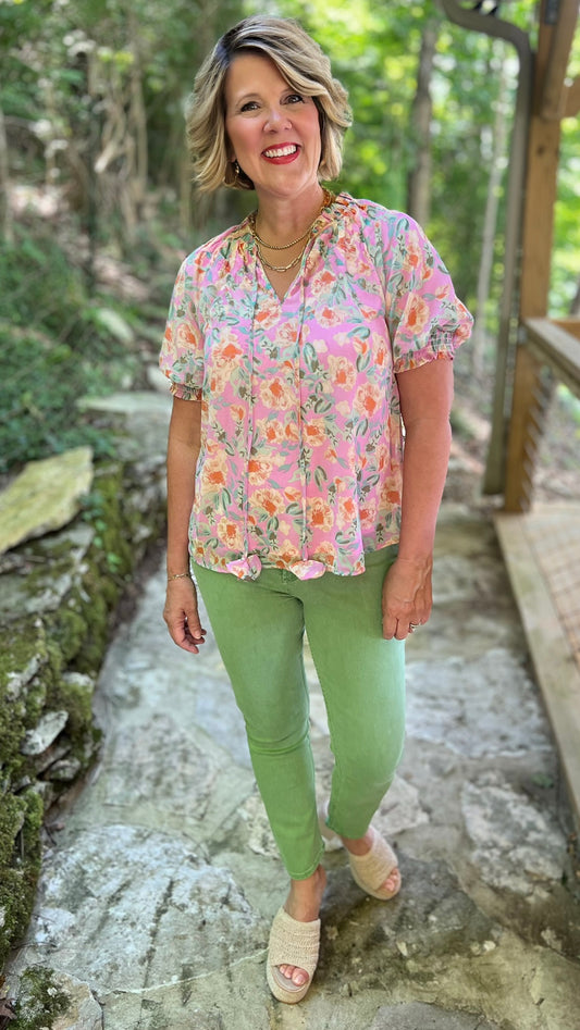 Pastel Floral Puff Sleeve Blouse