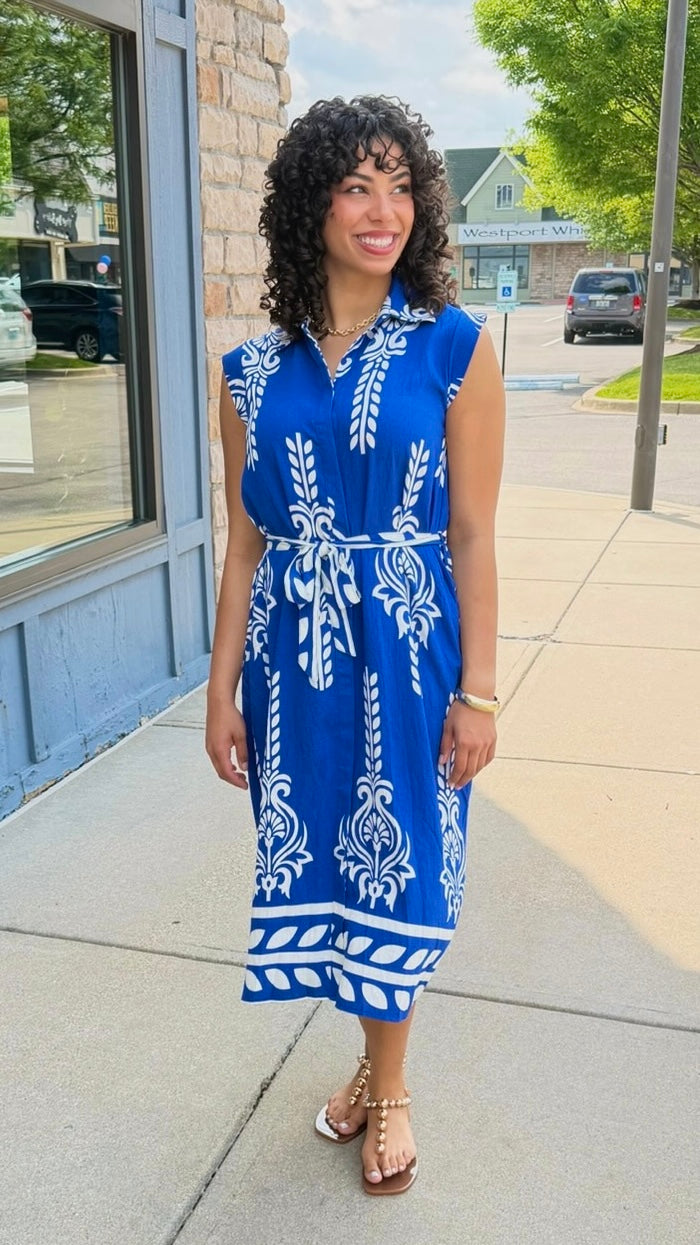 Rita Fleur De Lis Belted Dress - Royal
