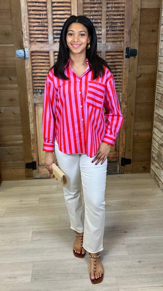 Louise Button Up Top - Red/Pink