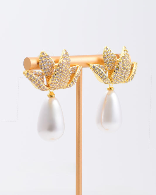 Gold Pave Crystal Floral Earrings