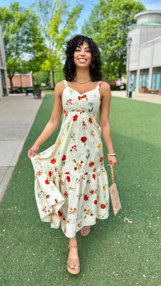 Marie Poppy Midi Dress - Ivory