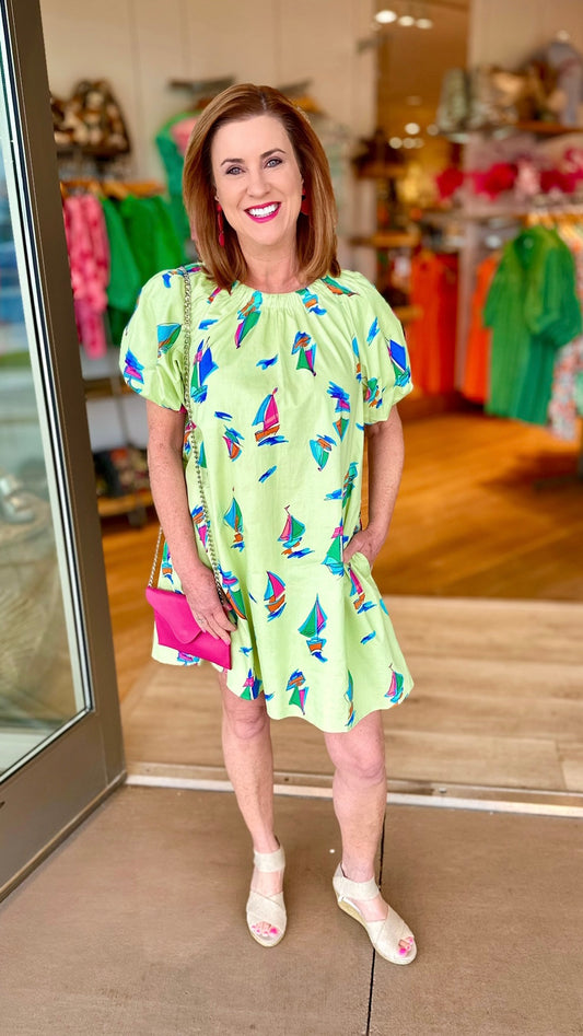 Sweet Sailing Puff Sleeve Dress - Lime