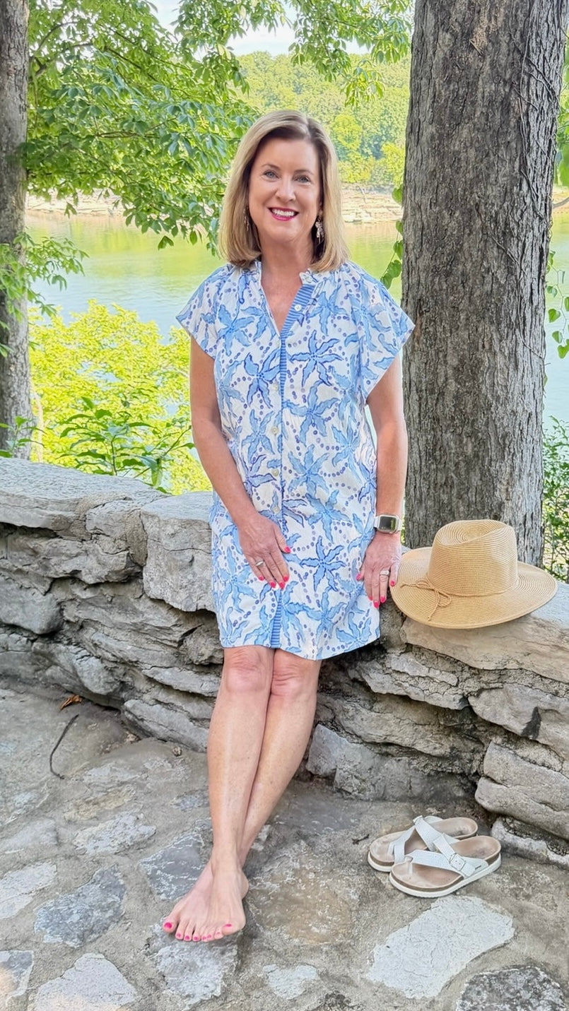 THML Eliza Button Up Shirt Dress - Blue & White Print