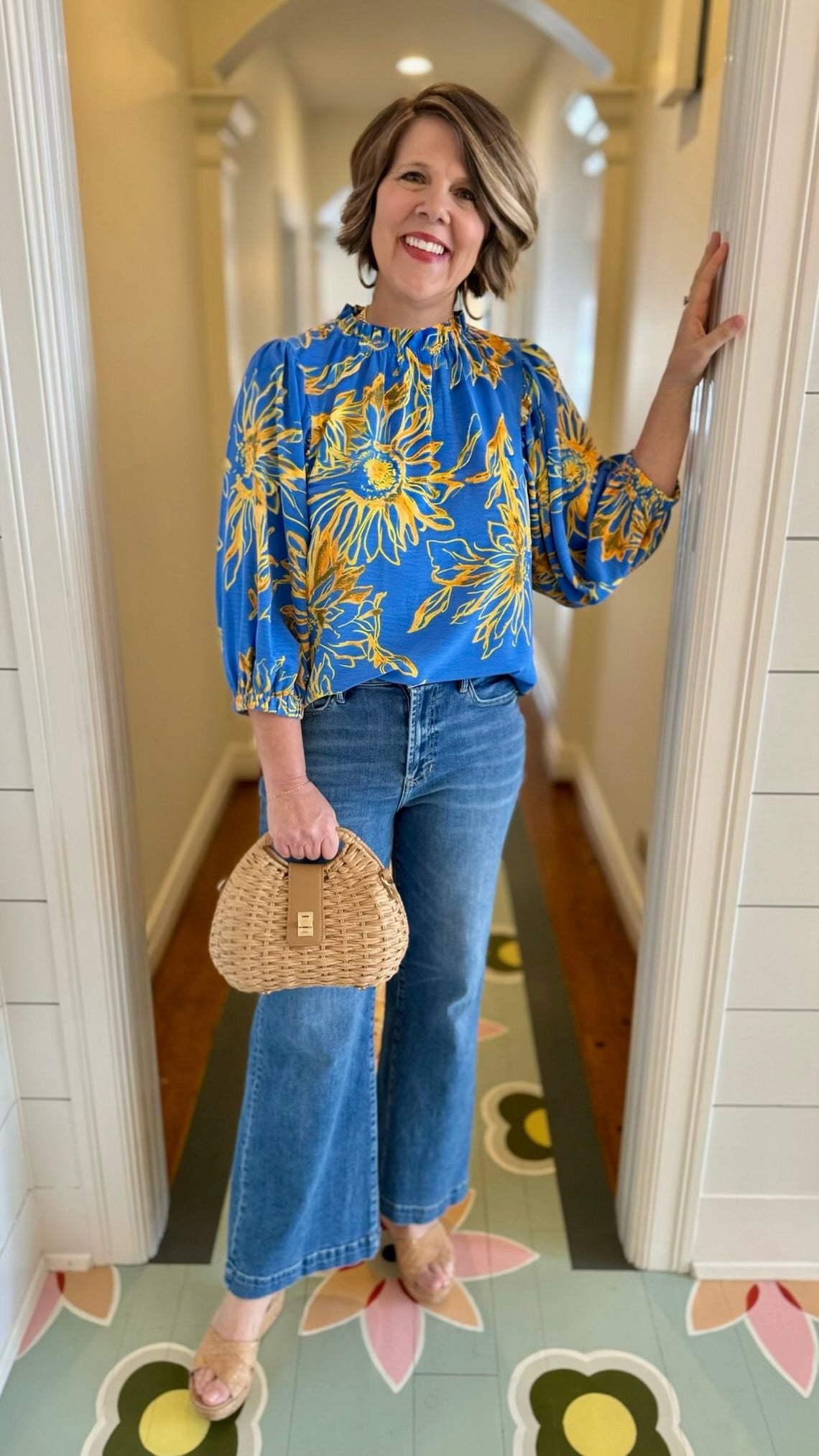 Floral Ruffle Neck Blouse - Blue