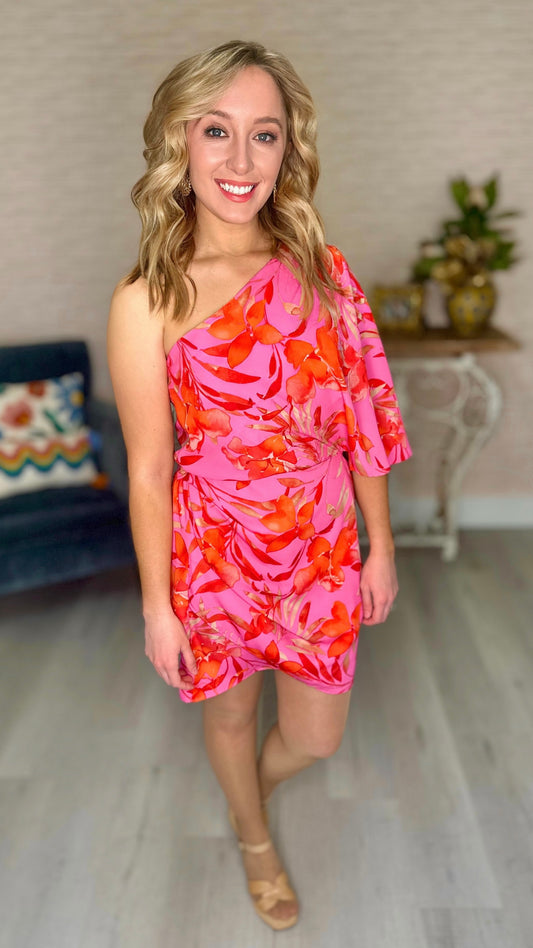 One Shoulder Pink Tropics Dress