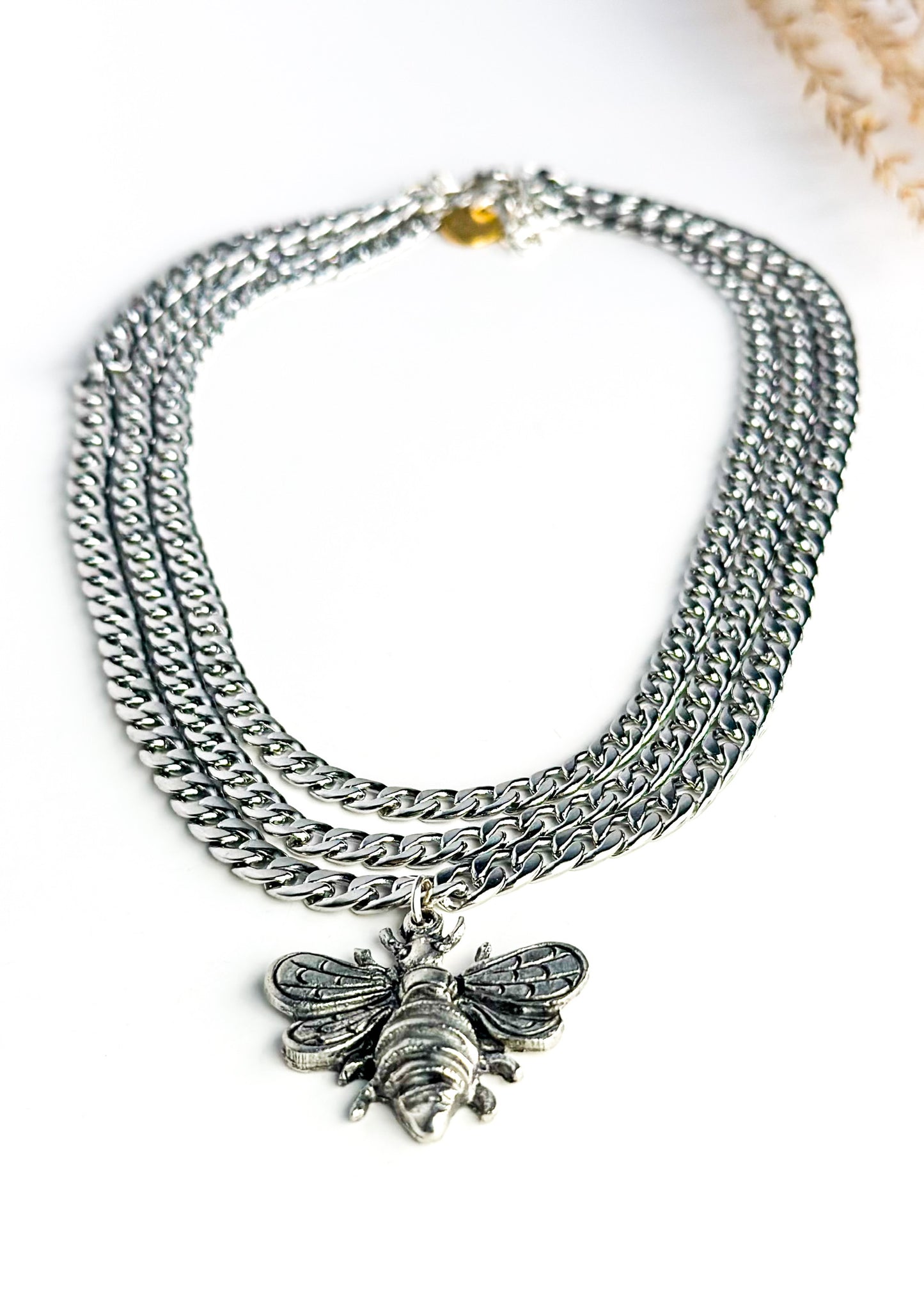 Layered Cuban Link Silver Bee Necklace