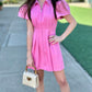 Aubrey Denim Pleat Waist Zip Mini Shirt Dress - Pink