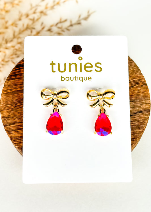 Gold Bow & Bling Teardrop Earrings - Fuchsia