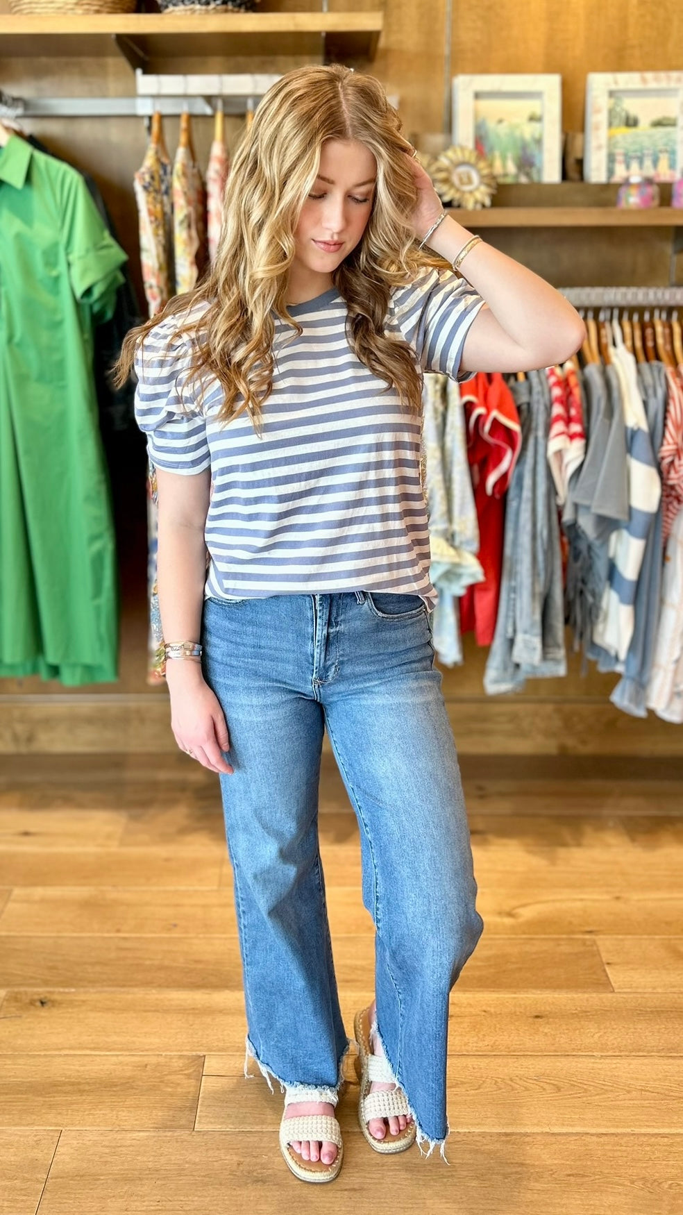 Emily Pleated Stripe Top - Slate