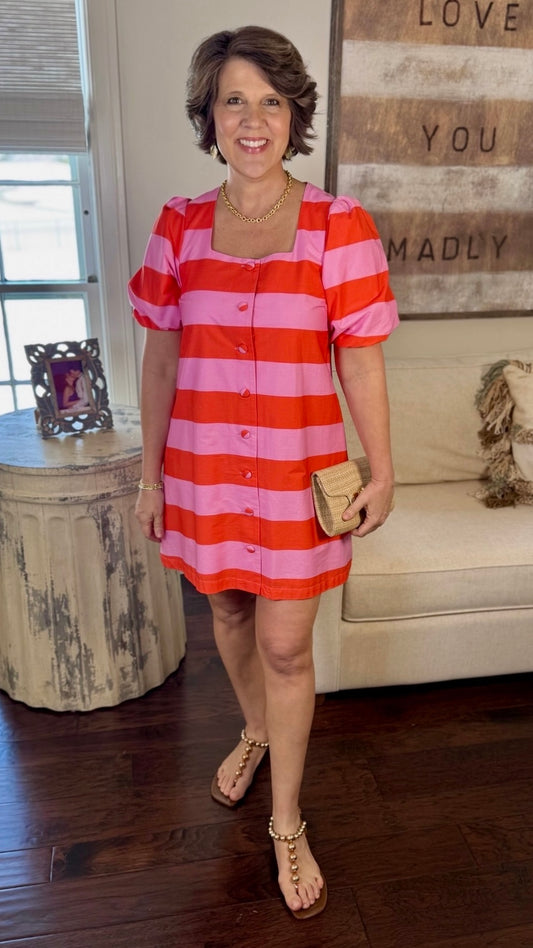 Tatum Stripe Dress - Pink & Tangerine