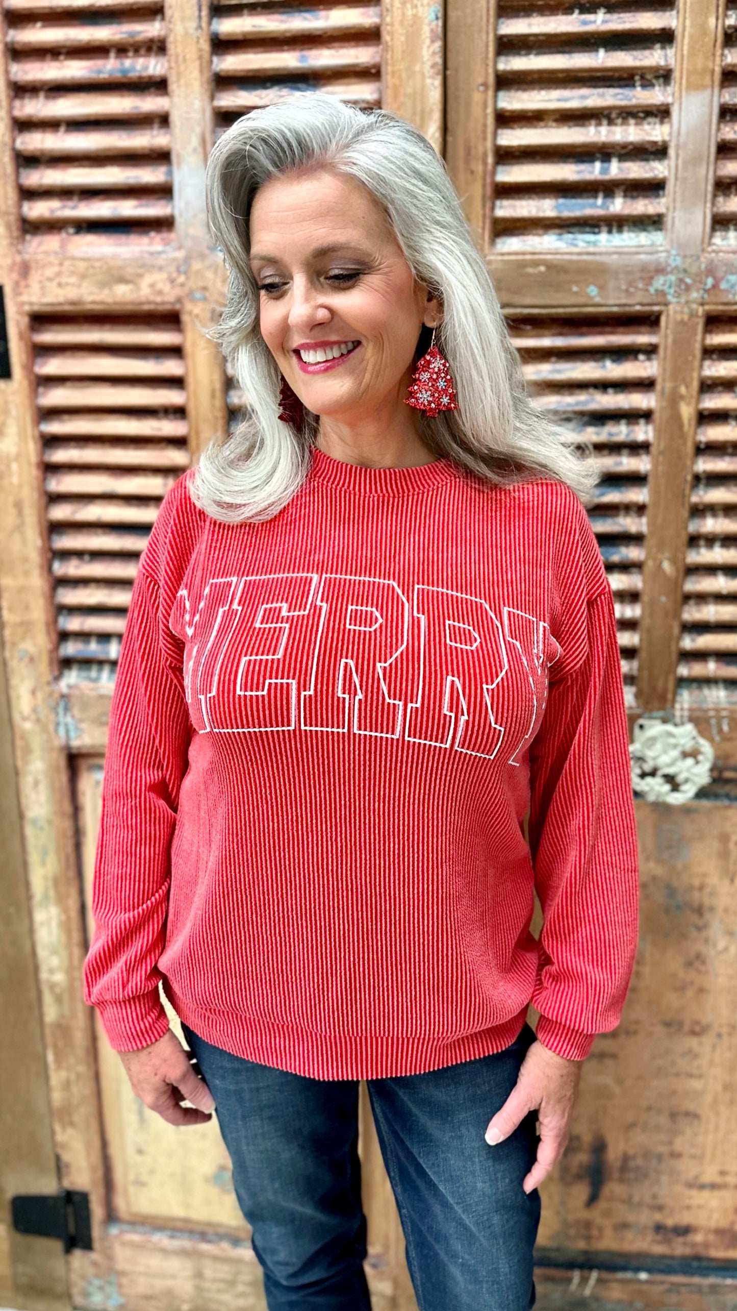 Merry Ribbed Crewneck Top - Red