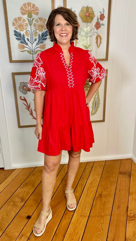 Mazie Embroidered Sleeve Dress - Red
