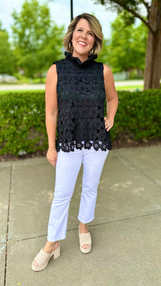 Floral Lace Tie Neck Top - Black