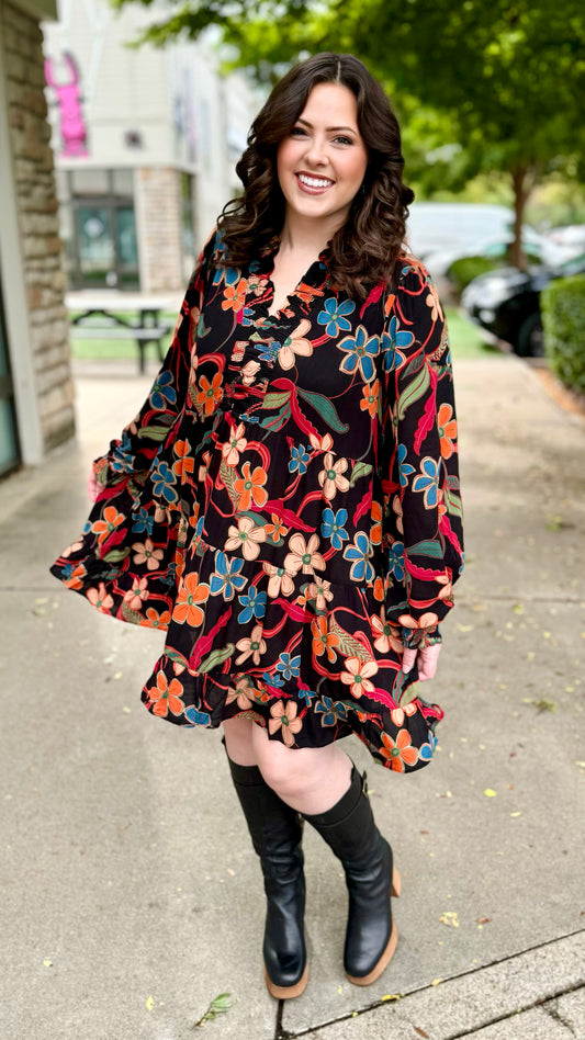 Color Contrast Florals Dress - Black