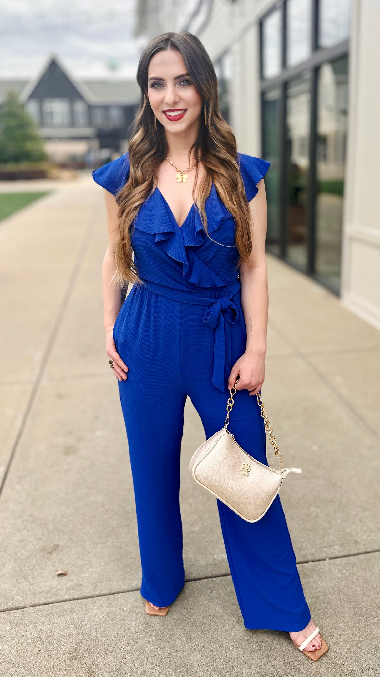 Maggy London Royal Ruffle Wrap Jumpsuit