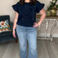 Navy Bow Flutter Sleeve Top