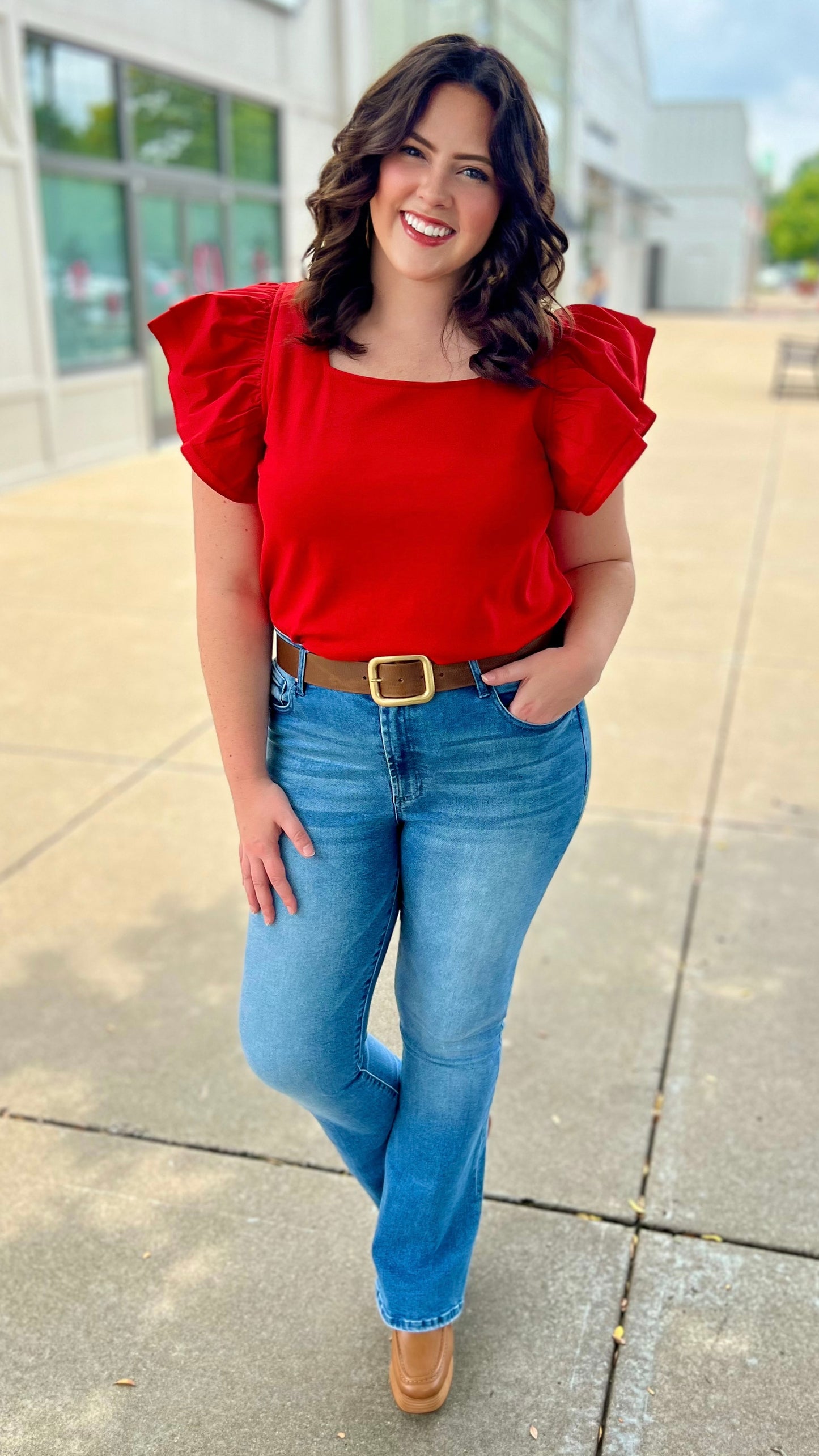Flutter Square Neck Top - Red