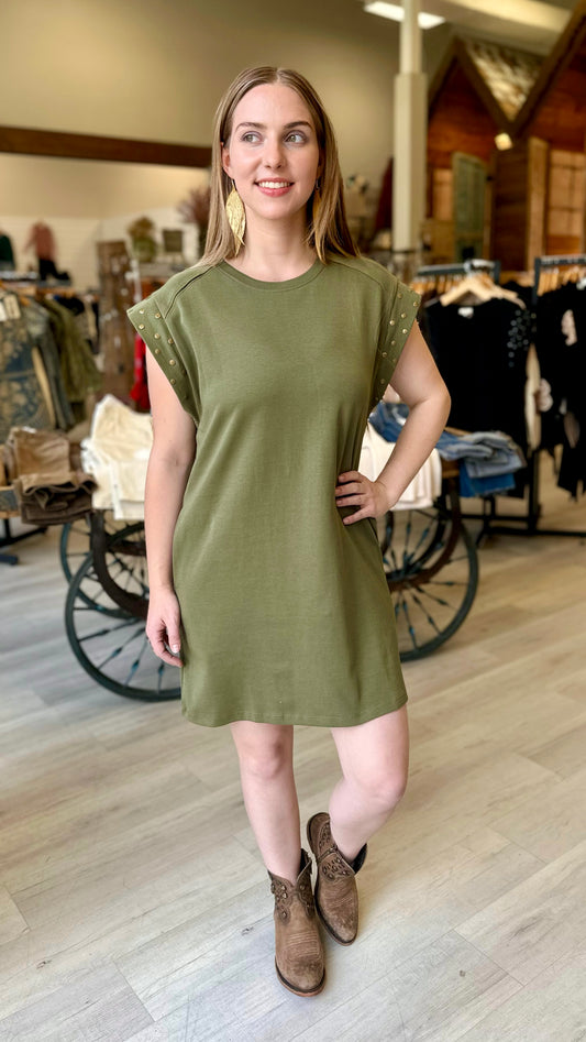 Star-Struck Studded Dress- Olive
