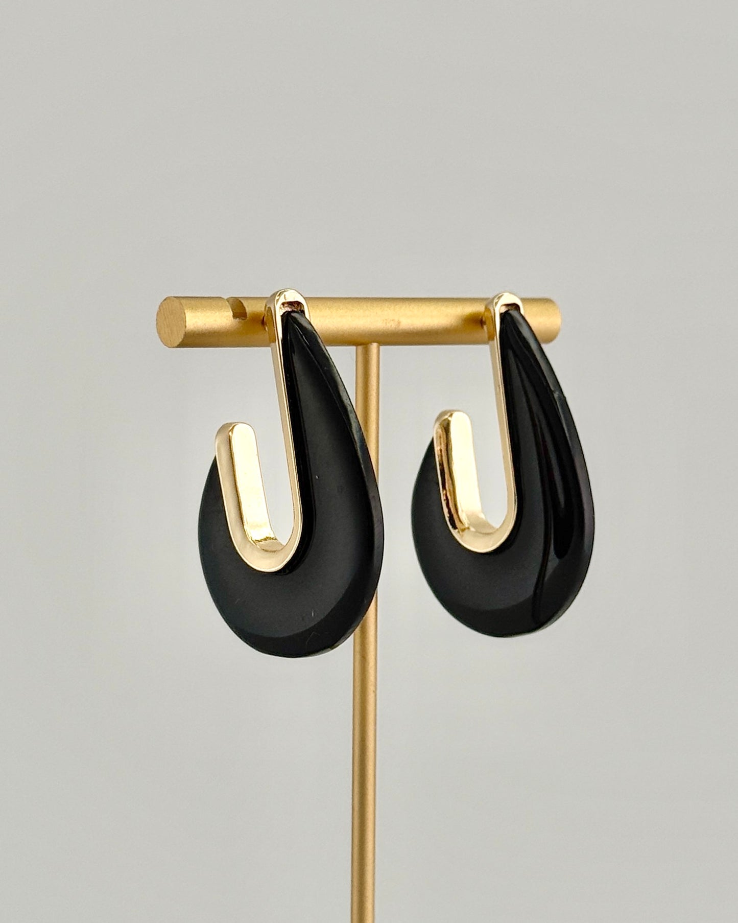 Black Acrylic Crylic & Gold Teardrop Earrings