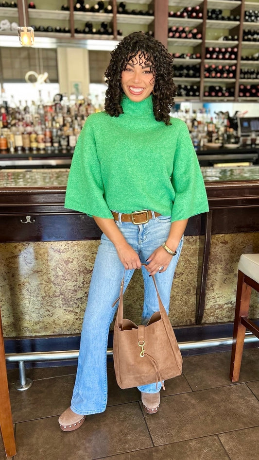 Wide Sleeve Turtleneck Sweater - Green