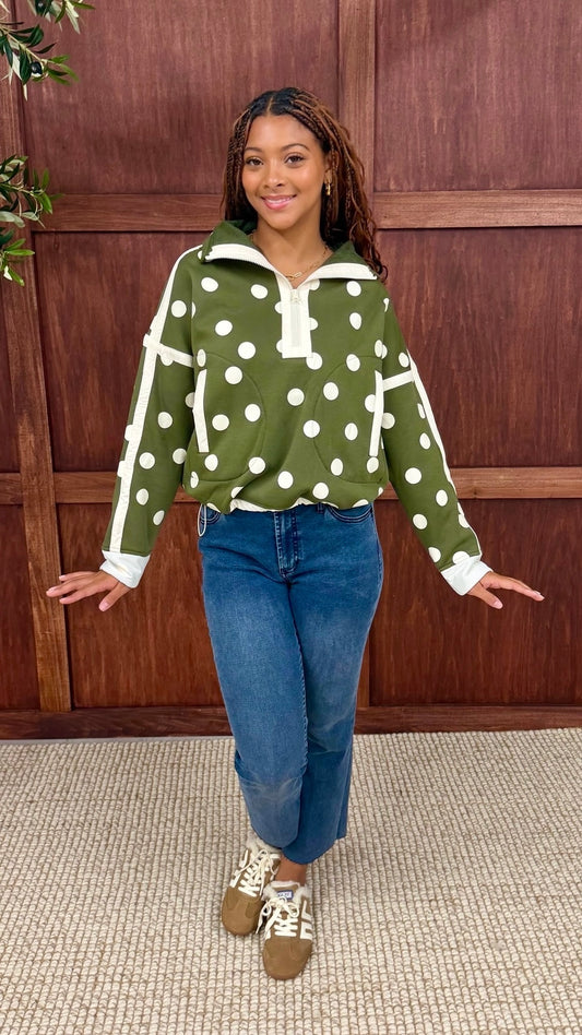 Polka Dot Zip Neck Pullover - Olive