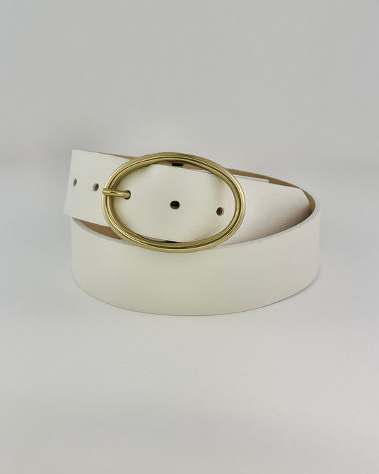 White Leather Belt - Gold Oval Buckle