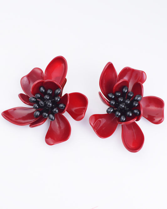 Resin Flower Statement Earrings - Red
