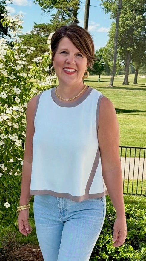 Natasha Sleeveless Top - Ivory with Toffee Trim
