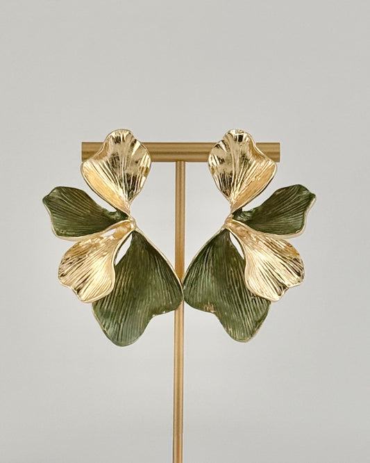 Ginkgo Leaf Statement Earrings - Olive