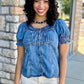 Ivy Jane Denim Ruffled Neck Top