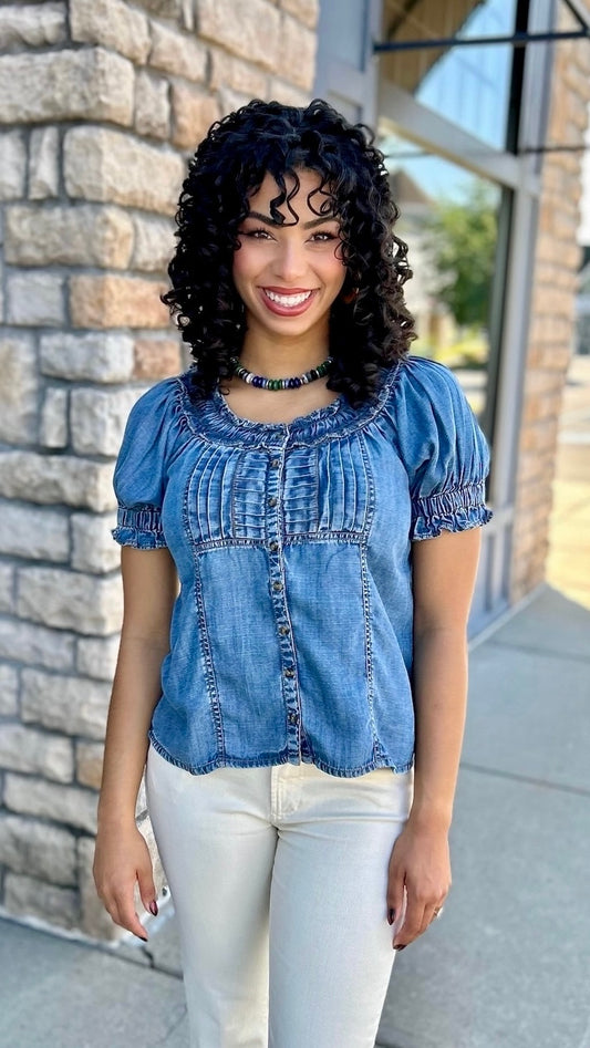 Ivy Jane Denim Ruffled Neck Top