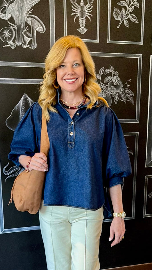 Ashley Gold Button Top - Dark Denim