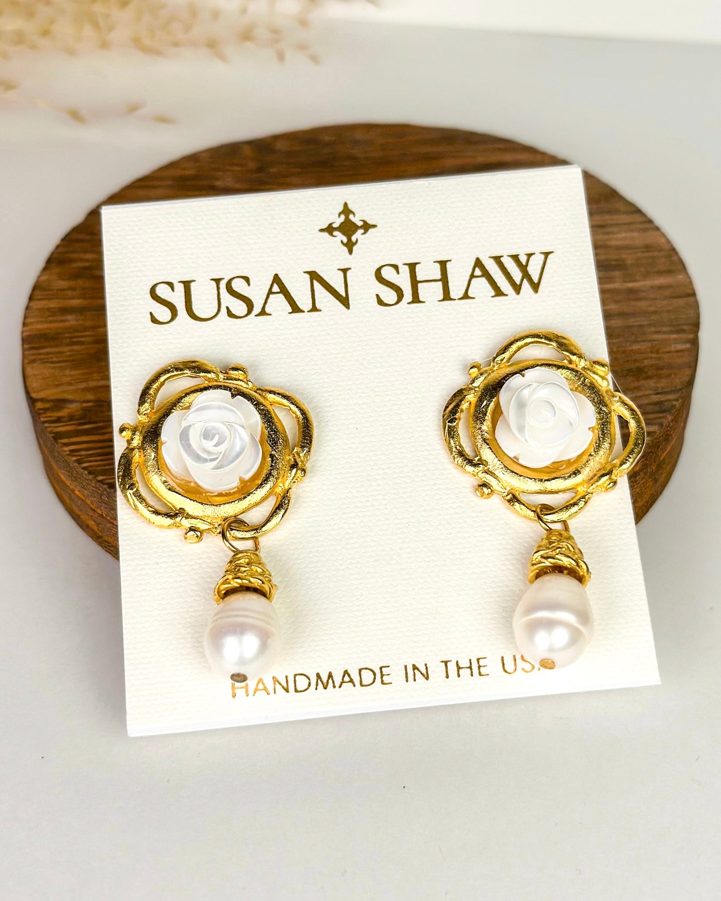 Susan Shaw White Rose & Pearl Drop Earrings