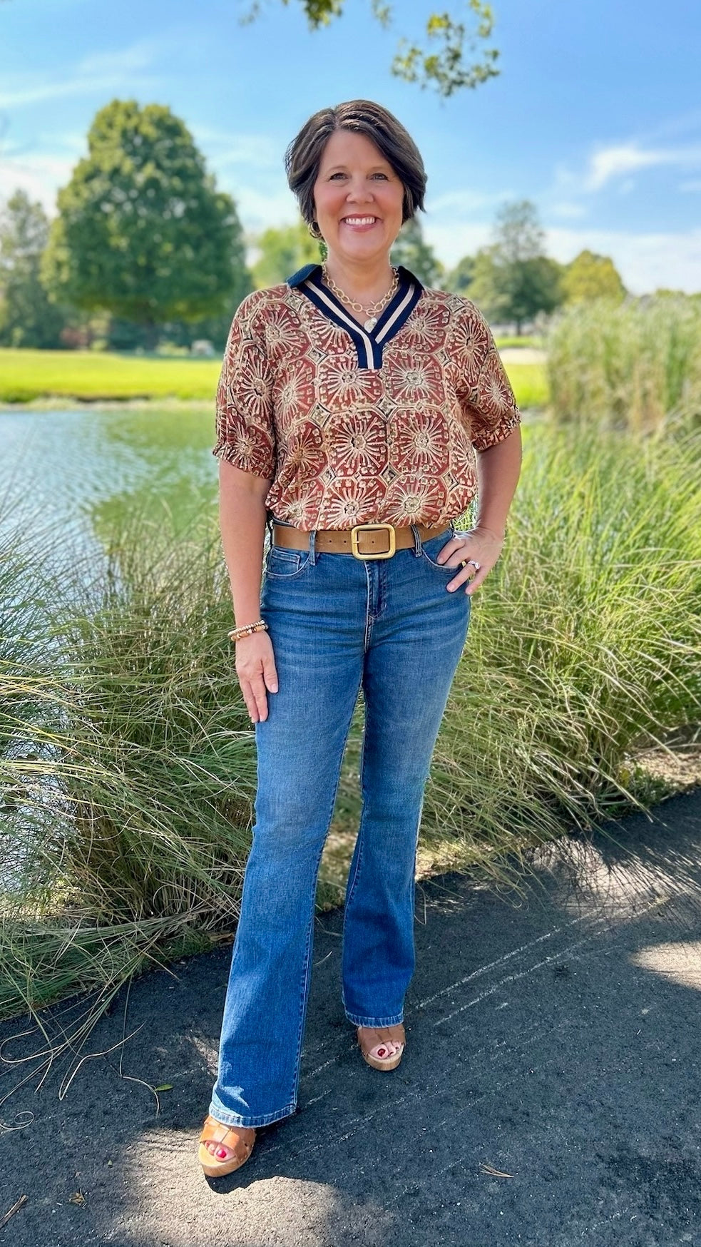 Celeste Collared Top - Navy & Terra Cotta