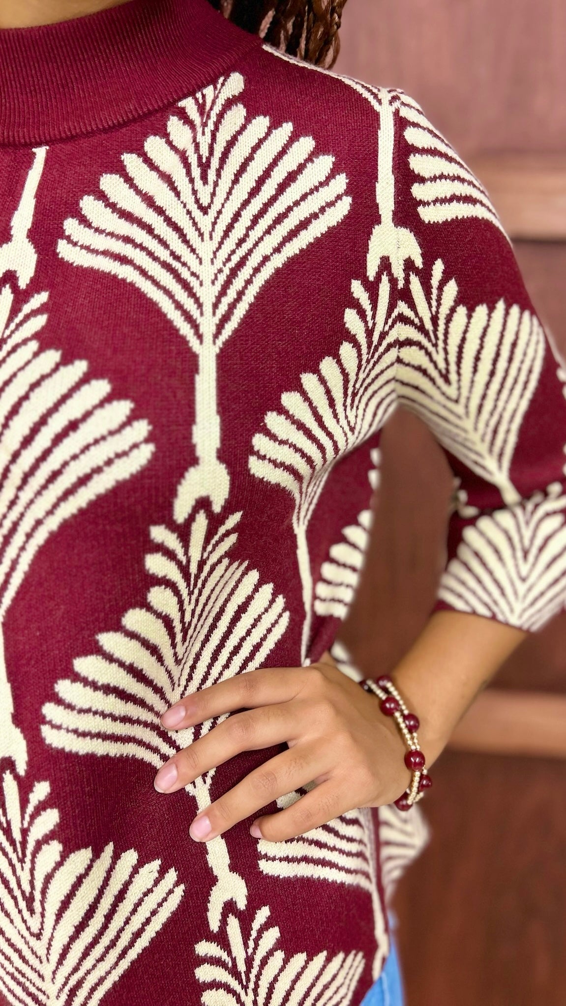 Rosaline Abstract Mock Neck Sweater - Burgundy