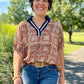 Celeste Collared Top - Navy & Terra Cotta
