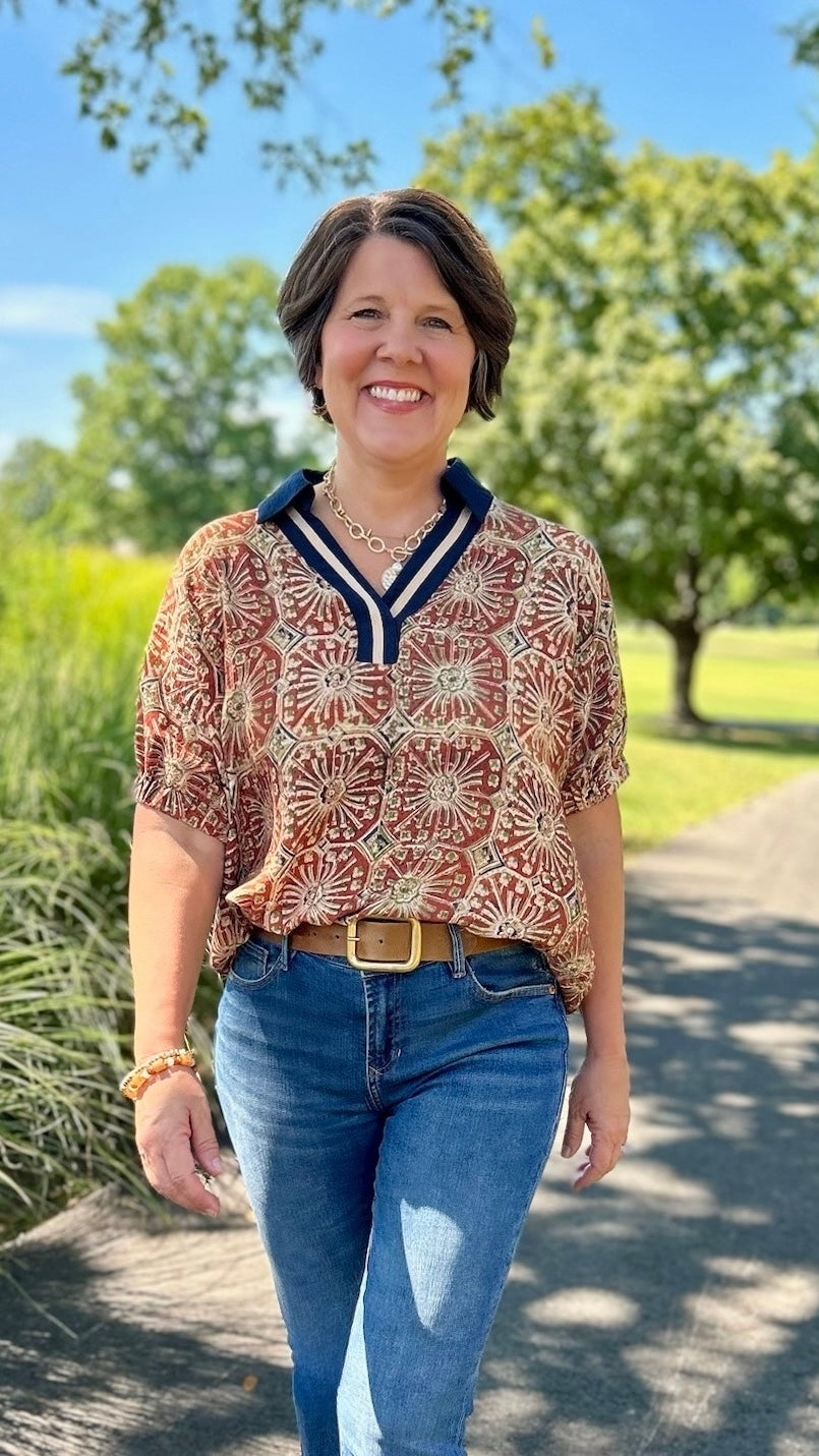 Celeste Collared Top - Navy & Terra Cotta