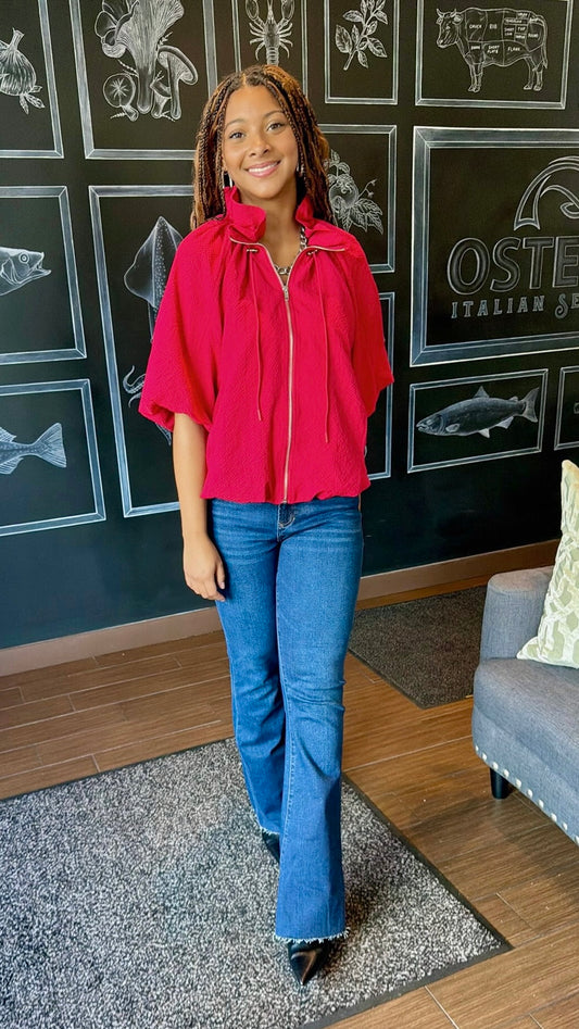 Michelle Searsucker Bomber Jacket - Red